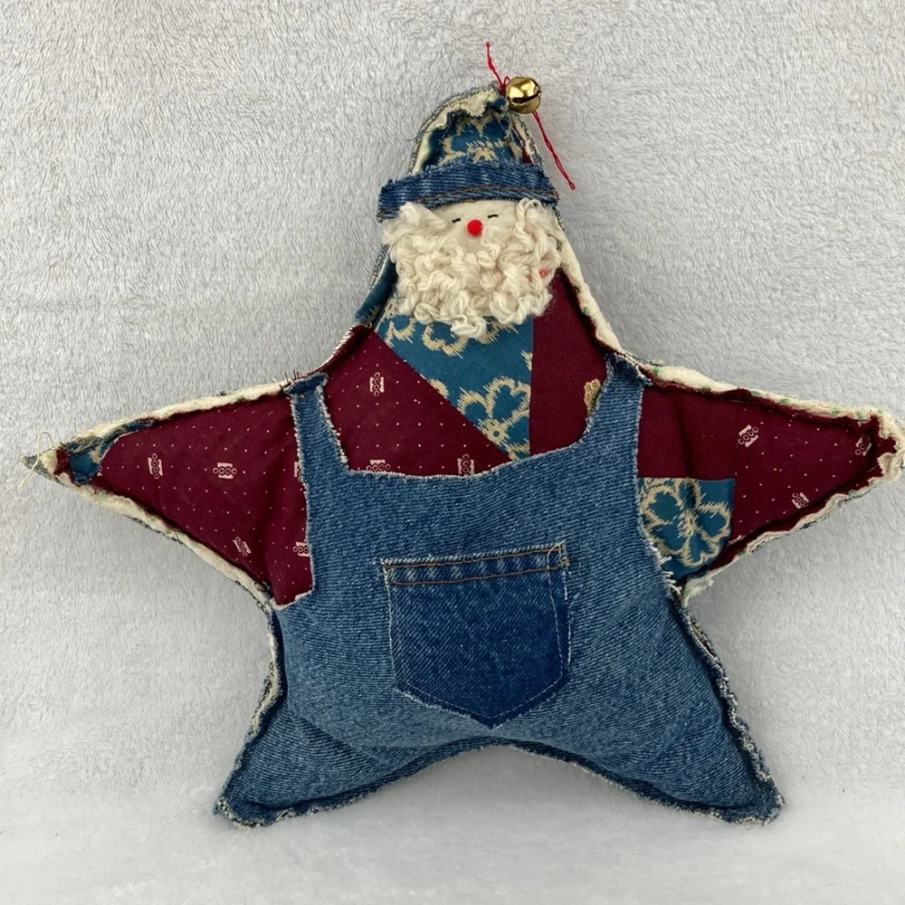 Handcrafted VTG Folkart Rustic Denim Santa Star Pillow Decor 12”